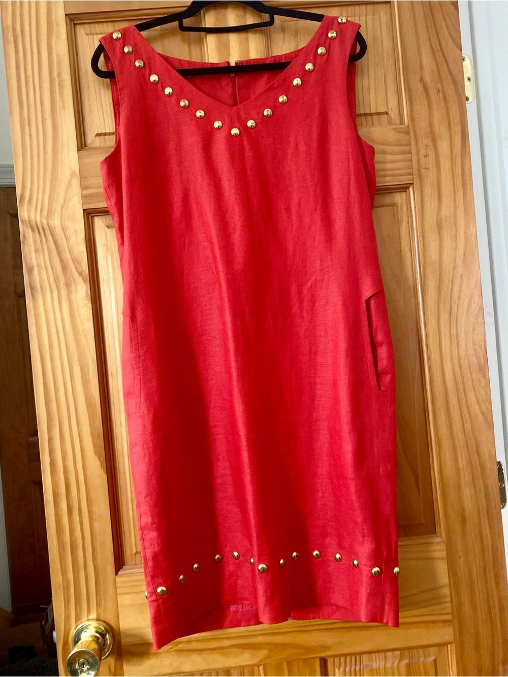 Vintage 100% Linen Shift Dress Red Gold Studded Pockets Size 6